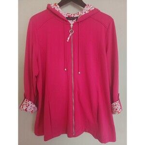 Susan Graver French Terry Jacket Pink Hearts Roll Tab 3/4 Sleeve Size 1X NWOT